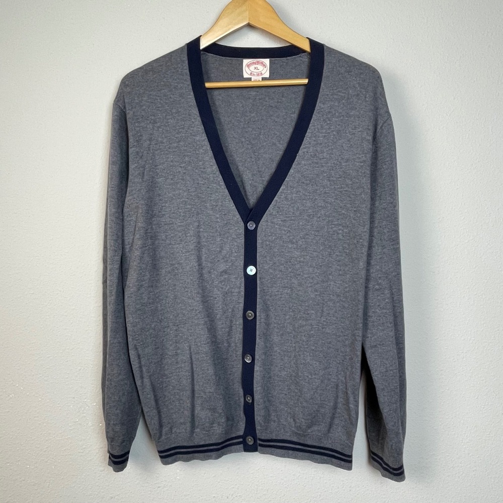 Brooks Brothers‎ Mens Cardigan Sweater XL Gray Navy Trim Cotton Wool Blend